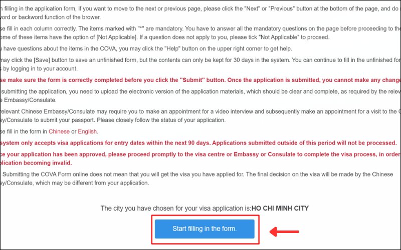 Chọn Start filling in the form để tiến hành điền tờ khai.