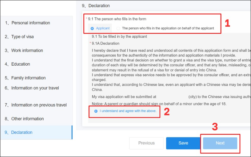 chọn Applicant (người xin thị thực)