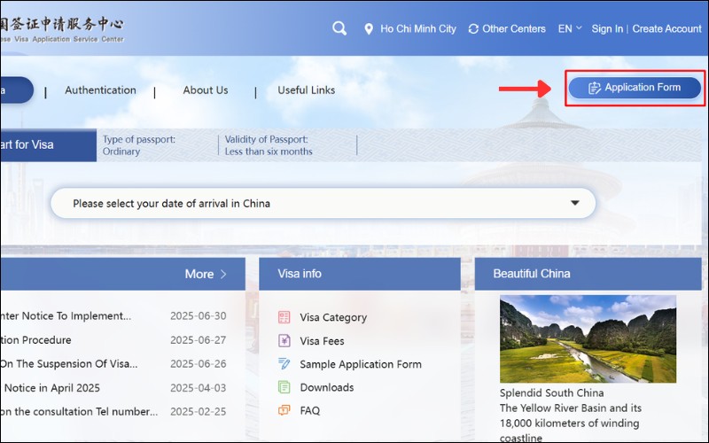 chọn Application form để tiến hành điền tờ khai