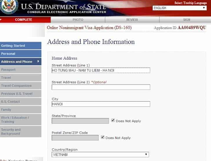 điền đơn DS-160-Address and Phone Information-Địa chỉ và Điện thoại