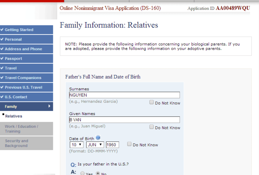 điền đơn DS-160-Family Information-Gia đình