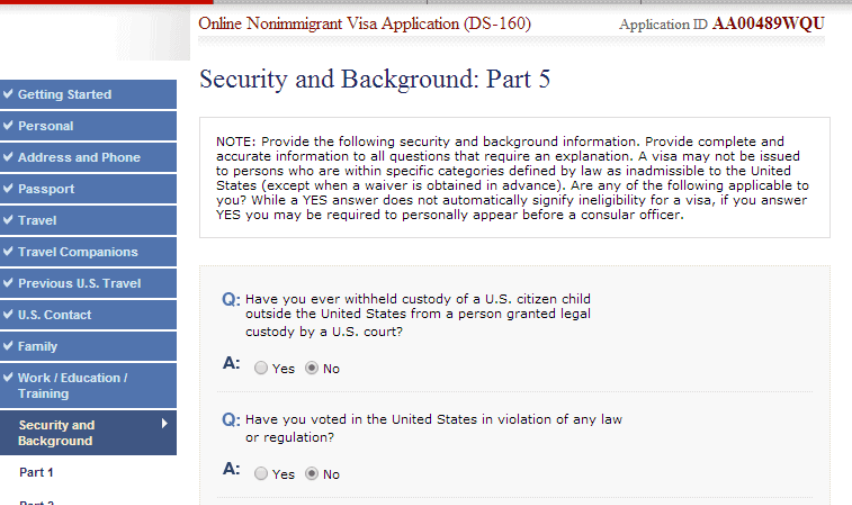 điền đơn DS-160-Security and Background-An ninh và Nền tảng
