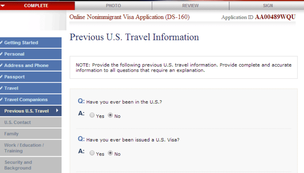 điền đơn DS-160 -TPrevious U.S Travel Information -Khai thông tin về lần đến Mỹ trước đây của bạn