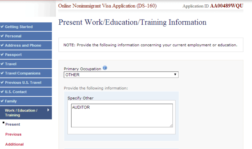 điền đơn DS-160-Work Education Training-Công việc-Học vấn