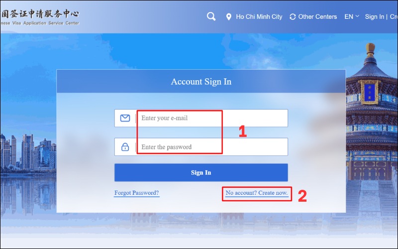 tạo tài khoản để đăng ký làm visa trung quốc online